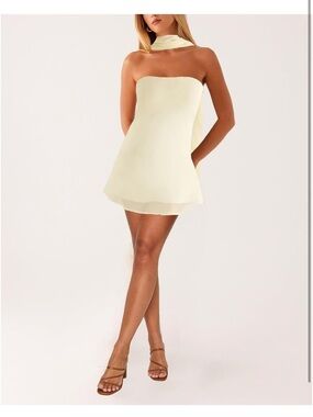 Strapless yellow Mini Dress with Neck Scarf